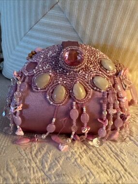 Beaded Pink Evening Wristlet Clutch with Gem Accents
